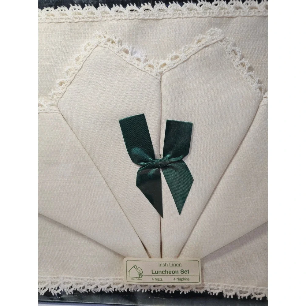 Irish‎ Linen Luncheon Set 4 Mats 4 Napkins Lace Trim Green Bow NOS 15x11in ECRU